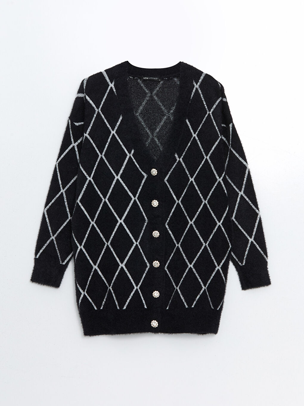 Siyah V Yaka Baklava Desenli Kadın Triko Hırka-4