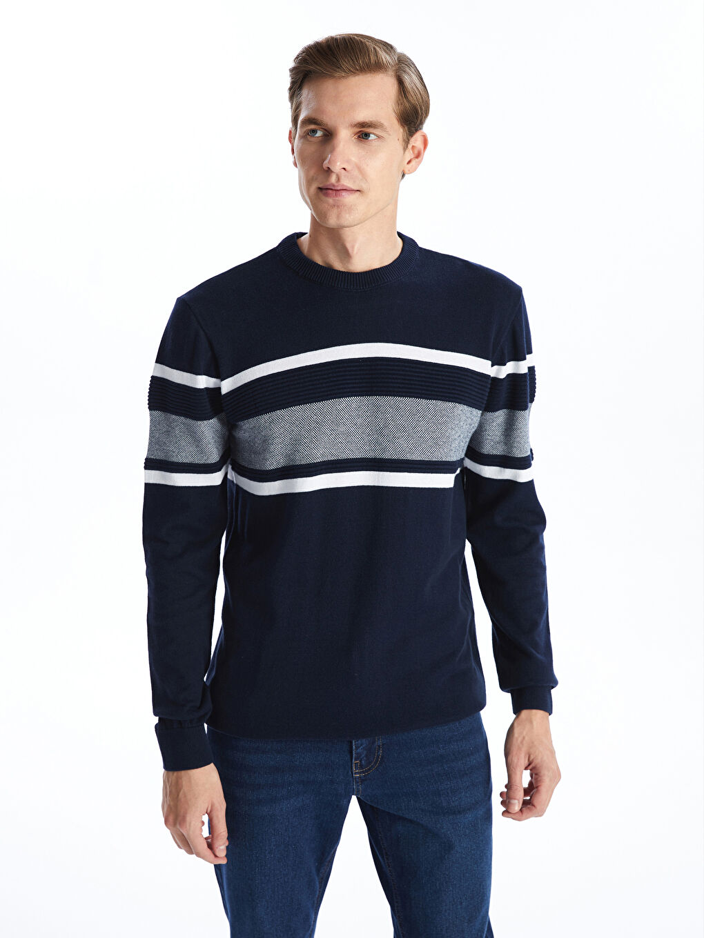 Crew Neck Long Sleeve Striped Men's Knitwear Sweater