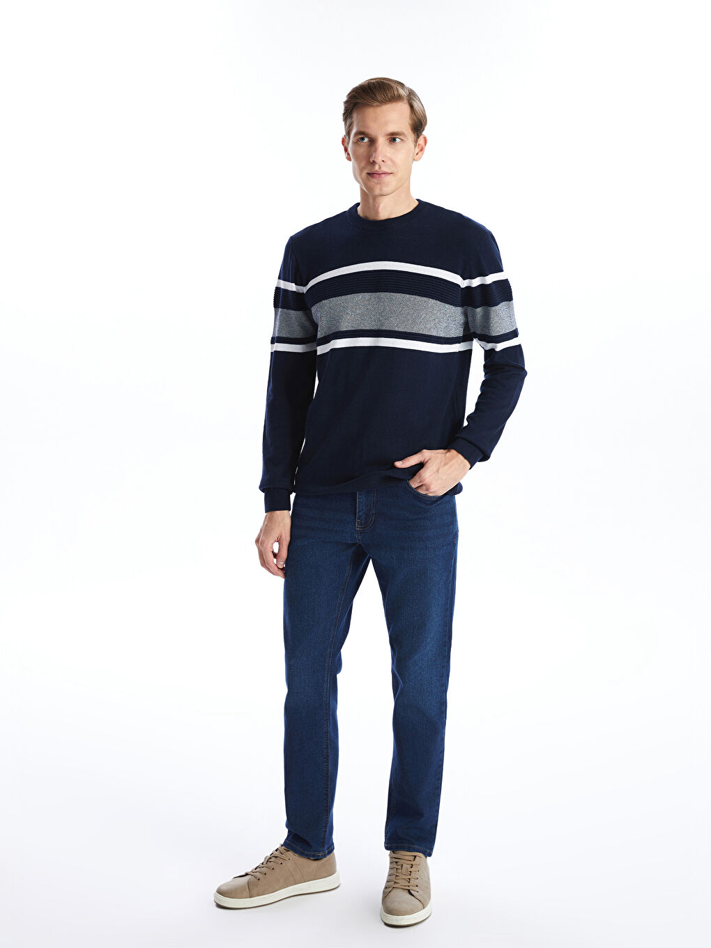 Crew Neck Long Sleeve Striped Men's Knitwear Sweater-3