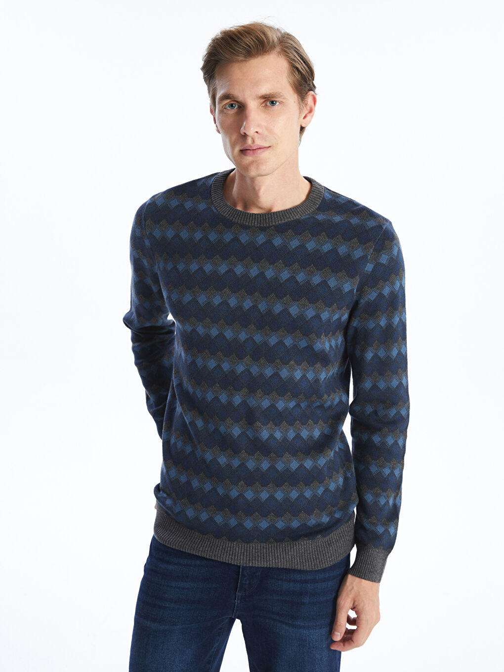 Crew Neck Long Sleeve Patterned Men's Knitwear Sweater
