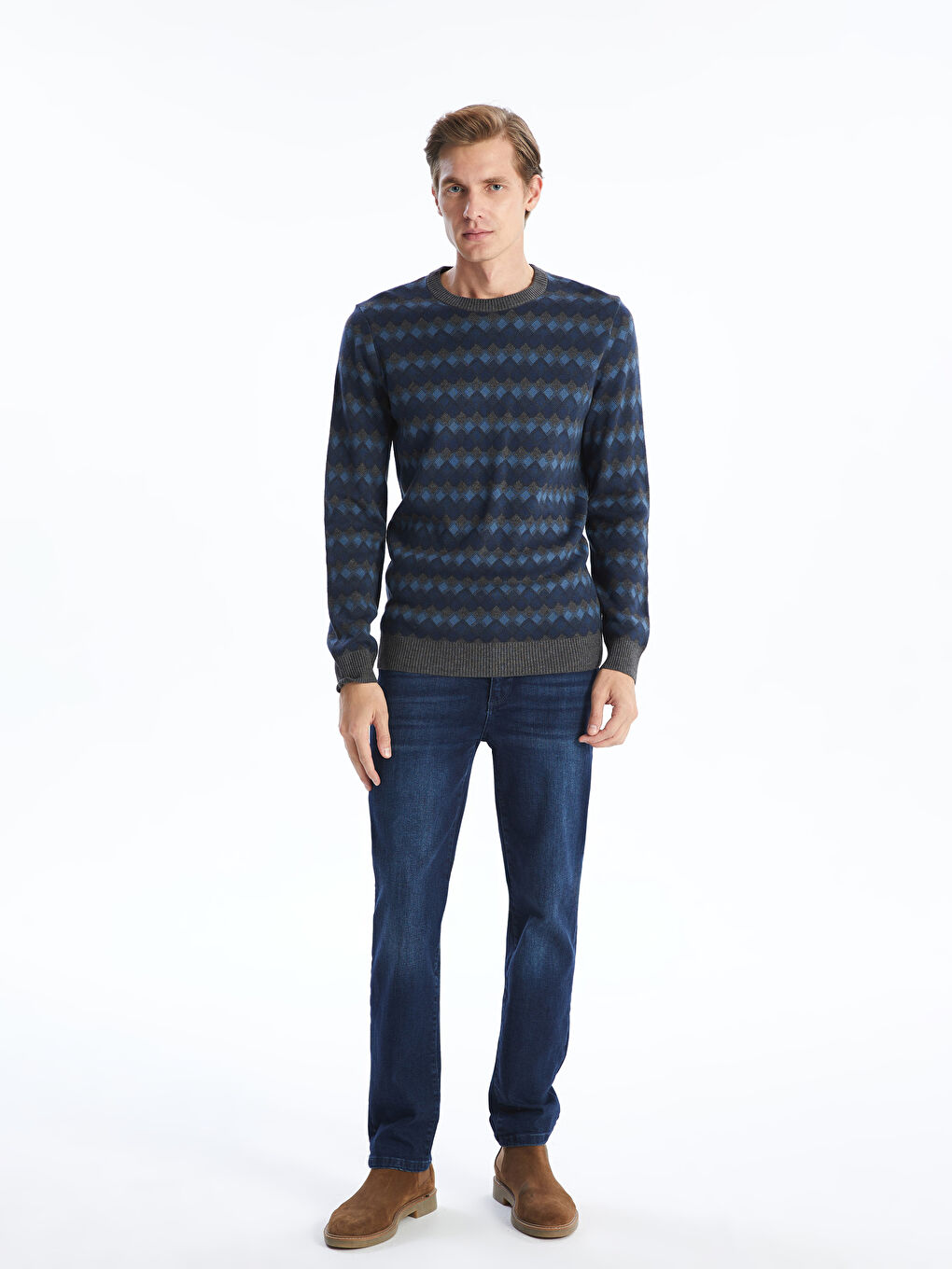 Crew Neck Long Sleeve Patterned Men's Knitwear Sweater-3