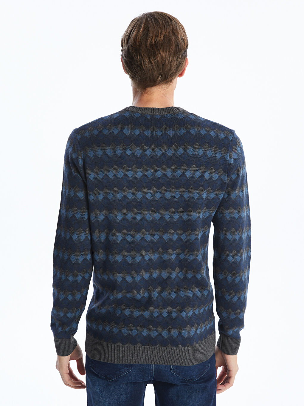 Crew Neck Long Sleeve Patterned Men's Knitwear Sweater-7