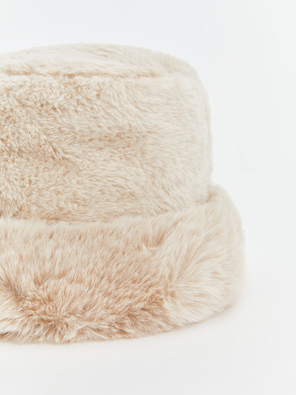 Bej Kürklü Kadın Bucket Şapka-1
