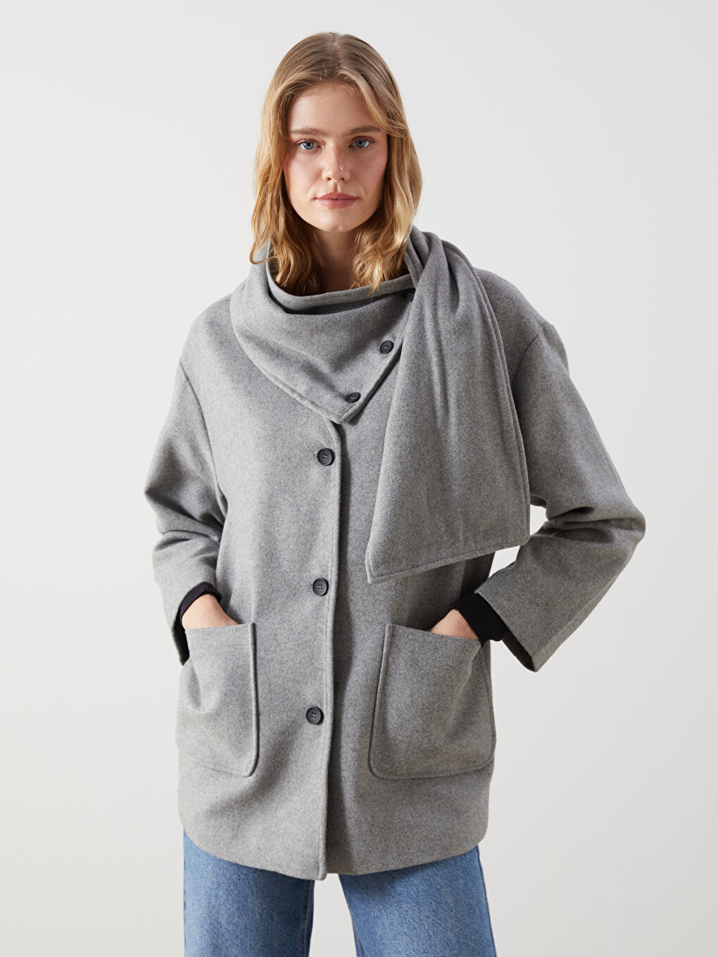 V-Neck Scarf Detail Women’S Wool Coat -W4M525Z8-CY9