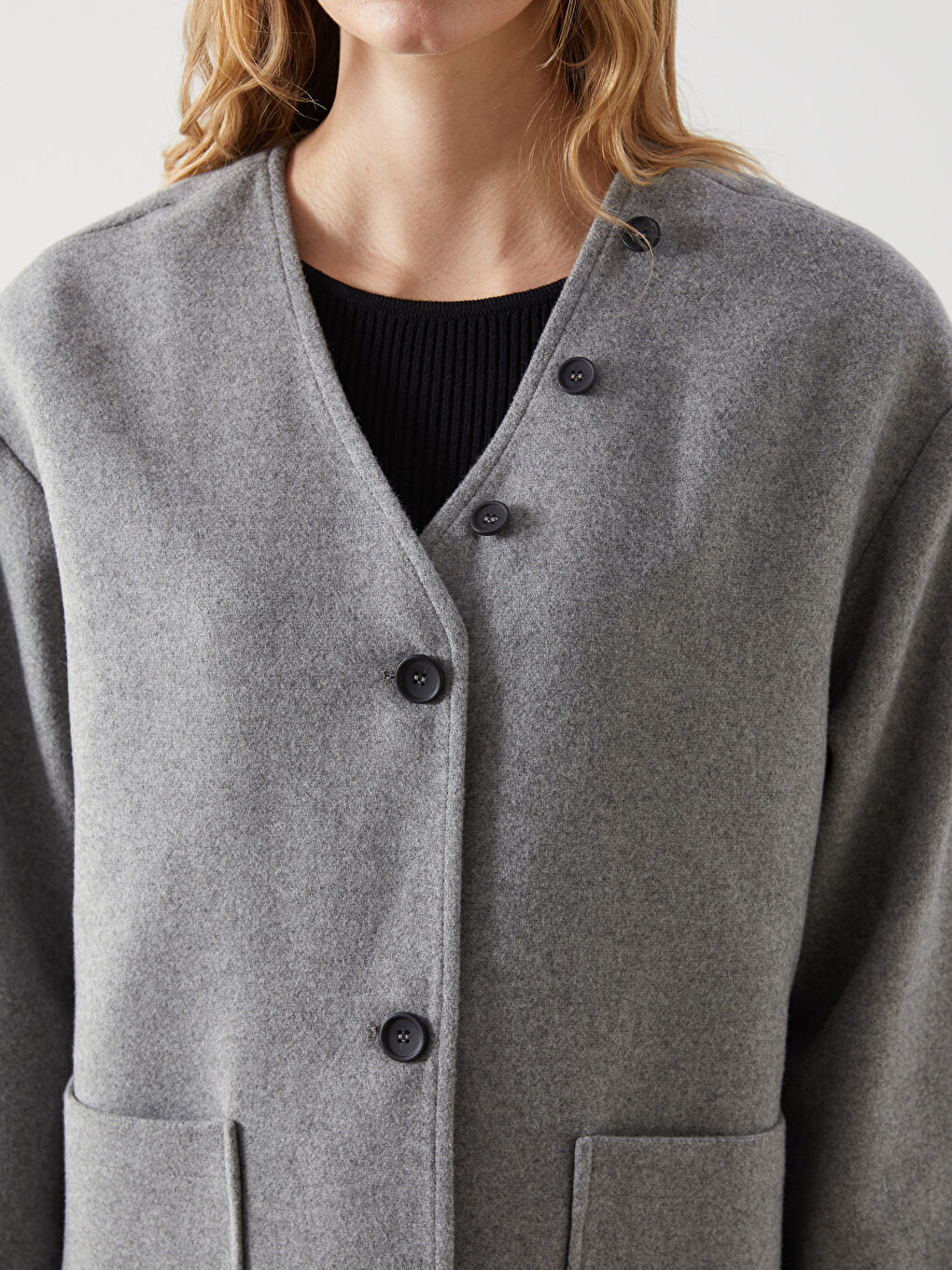 V-Neck Scarf Detail Women’S Wool Coat -W4M525Z8-CY9