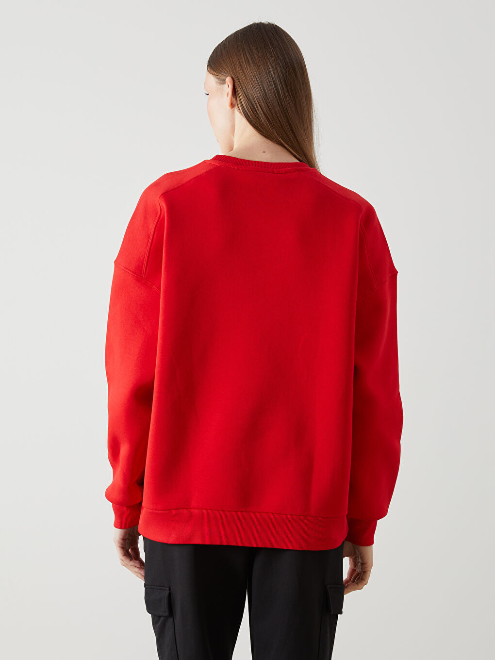 Kırmızı Bisiklet Yaka Düz Oversize Kadın Kalın Sweatshirt-3