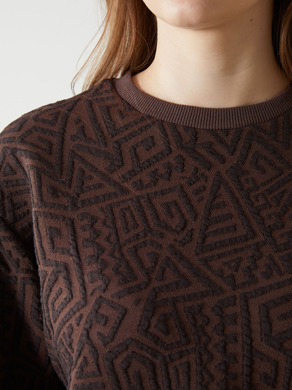 Kahverengi Bisiklet Yaka Kendinden Desenli Kadın Sweatshirt-2