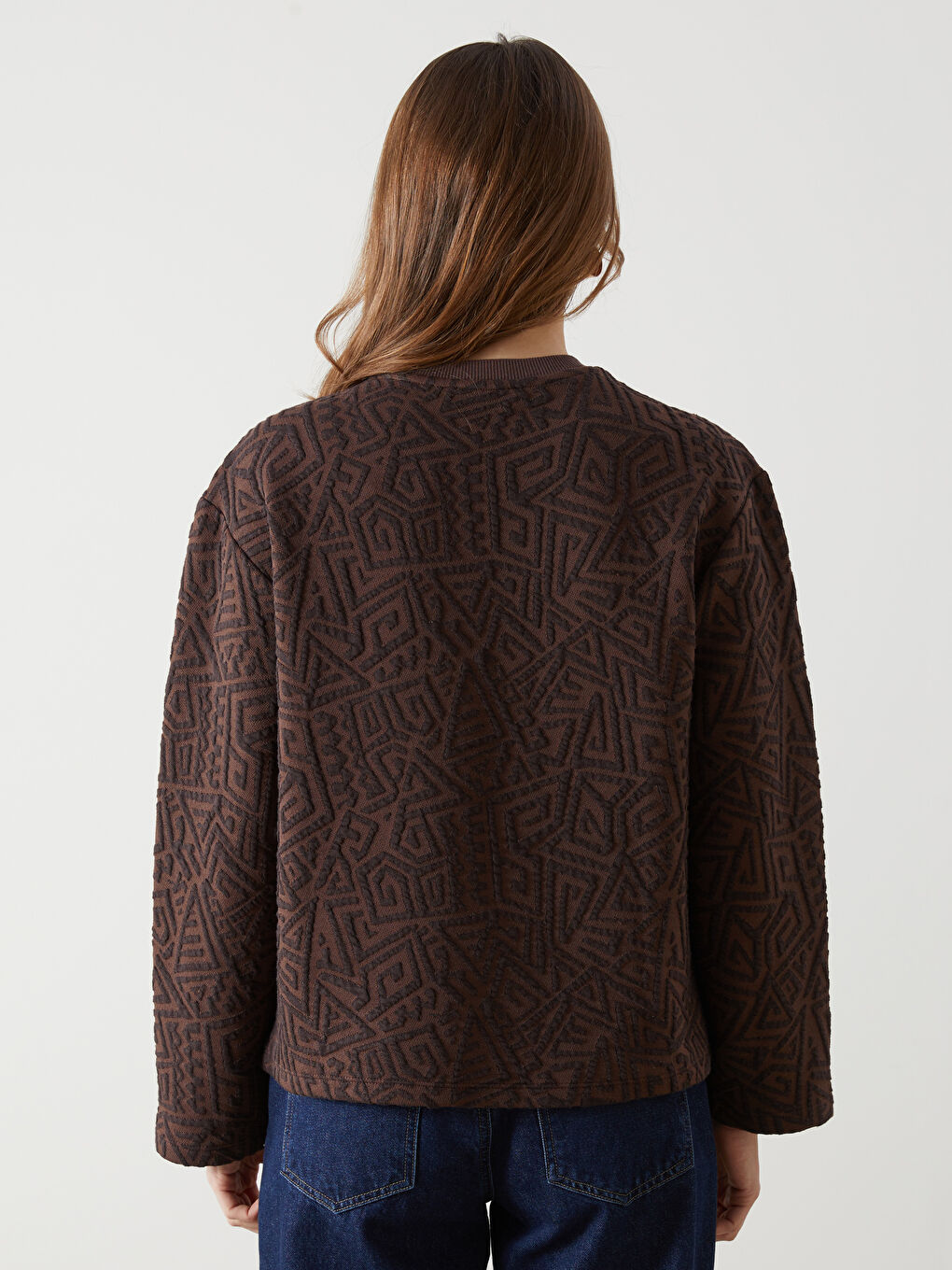 Kahverengi Bisiklet Yaka Kendinden Desenli Kadın Sweatshirt-3