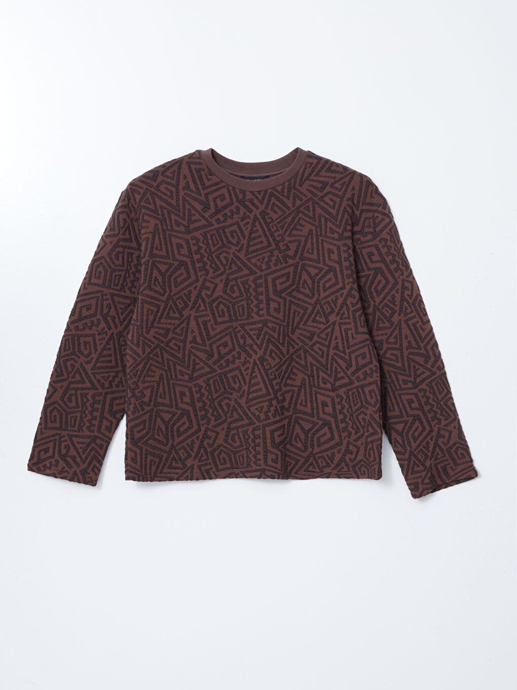 Kahverengi Bisiklet Yaka Kendinden Desenli Kadın Sweatshirt-4