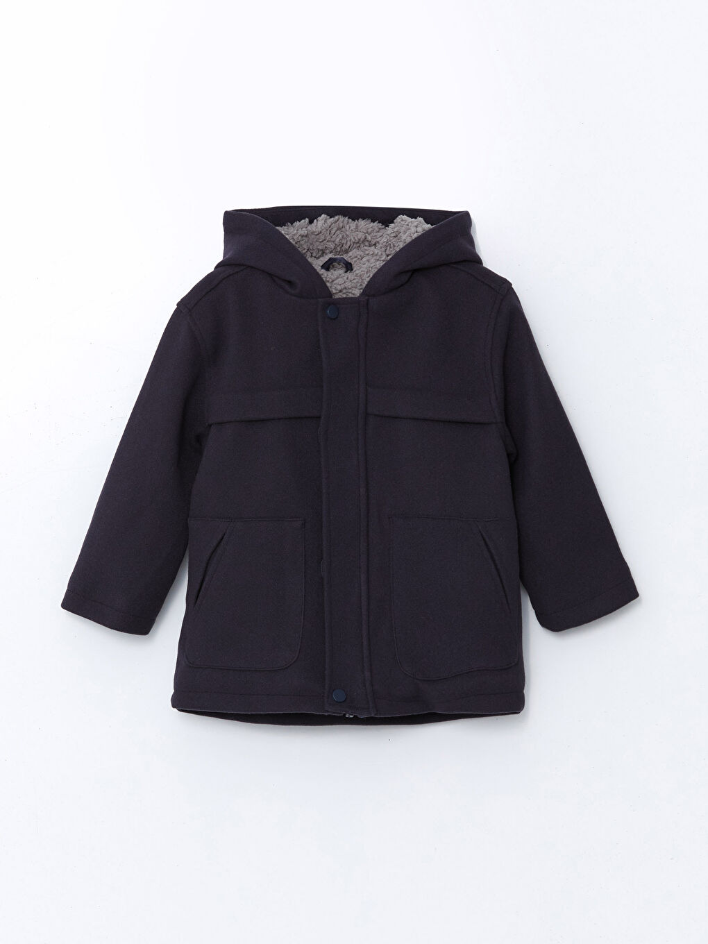 Lacivert Kapüşonlu Erkek Çocuk Kaşe Mont