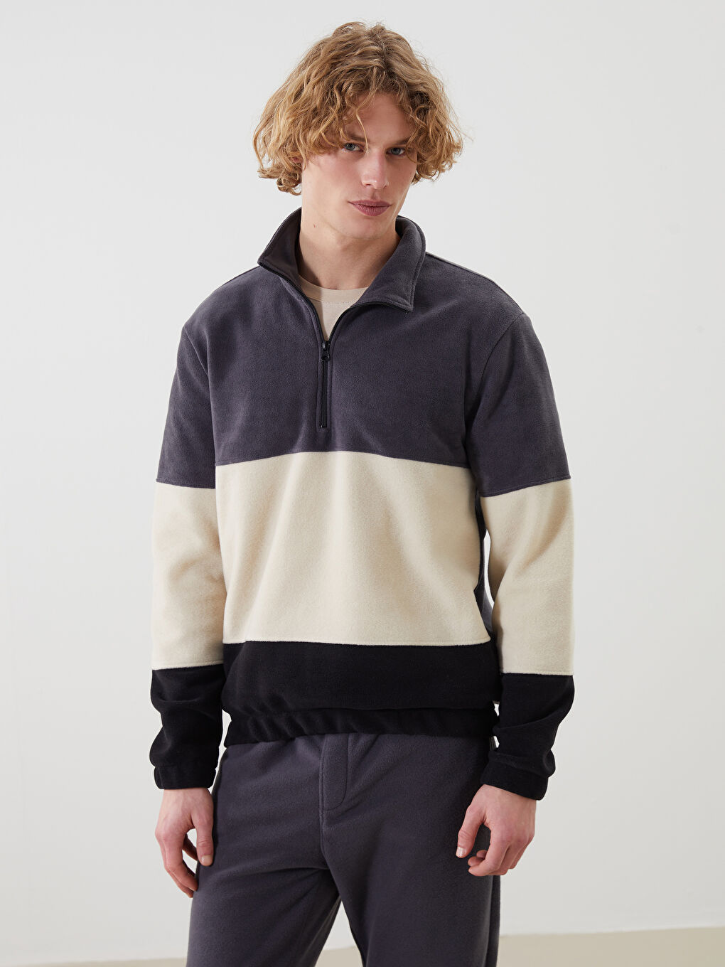 Stand Up Collar Long Sleeve Color Block Fleece Men's Sweatshirt -W4M556Z8-J2B