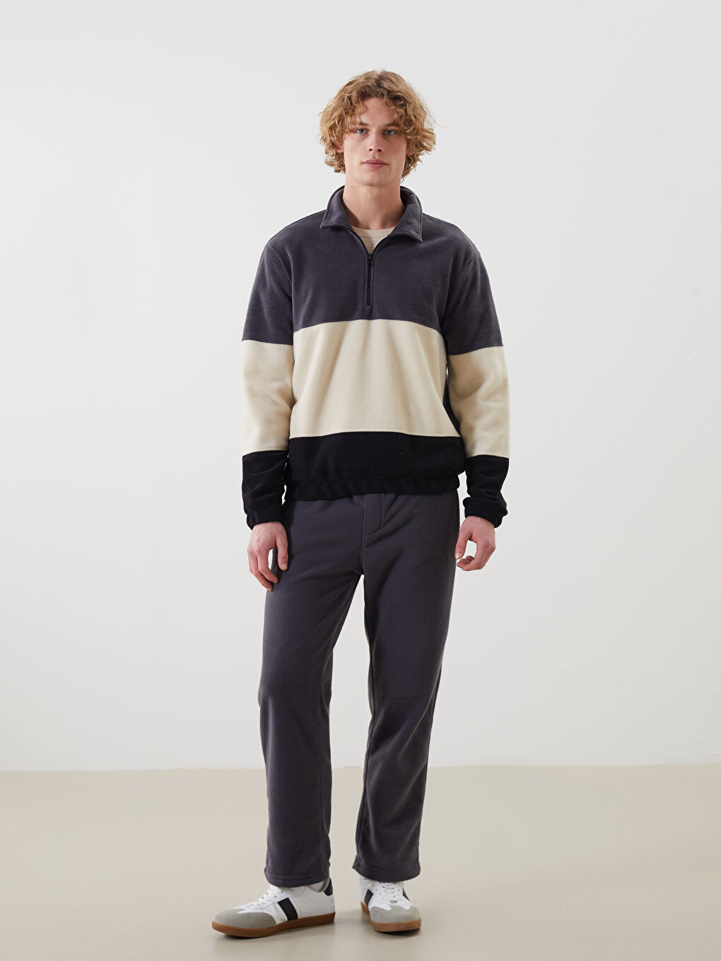 Stand Up Collar Long Sleeve Color Block Fleece Men's Sweatshirt -W4M556Z8-J2B