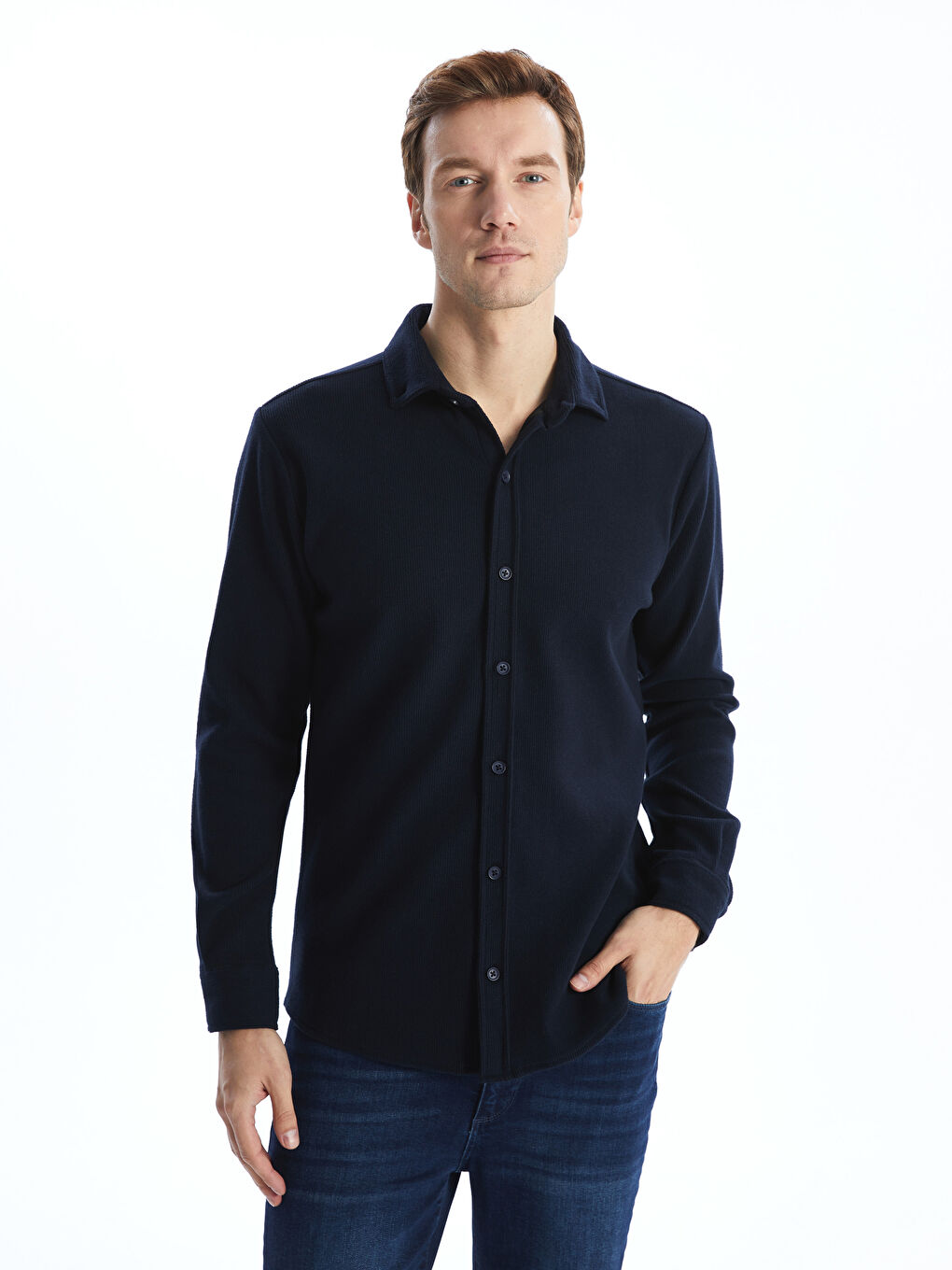 Lacivert Regular Fit Uzun Kollu Gabardin Erkek Gömlek