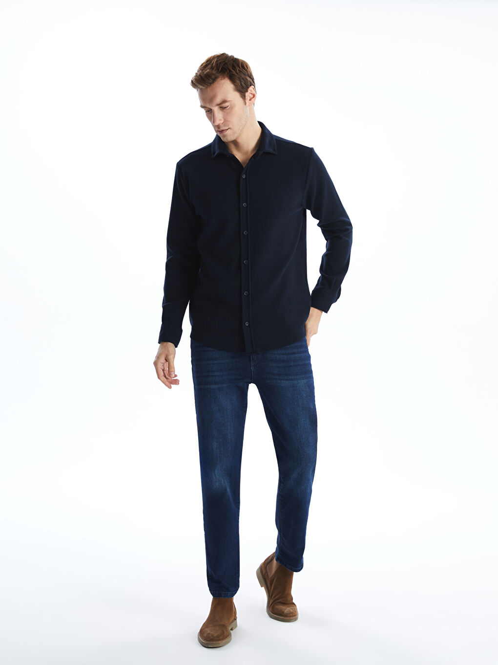 Lacivert Regular Fit Uzun Kollu Gabardin Erkek Gömlek-1