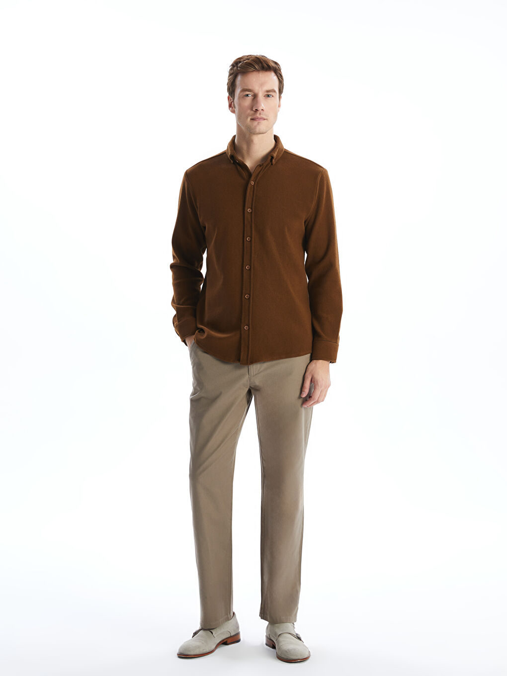 Kahverengi Regular Fit Uzun Kollu Gabardin Erkek Gömlek-1