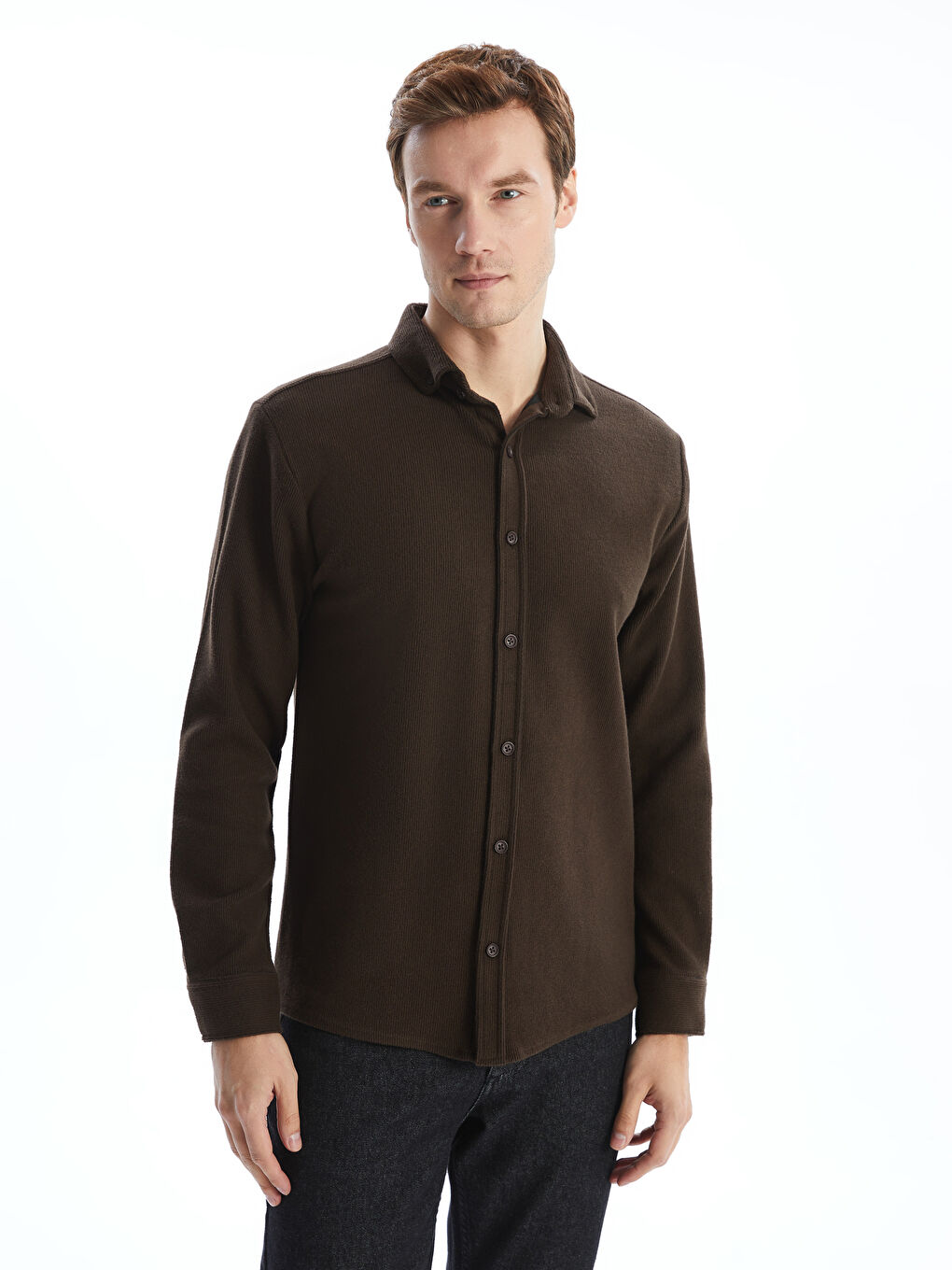 Kahverengi Regular Fit Uzun Kollu Gabardin Erkek Gömlek