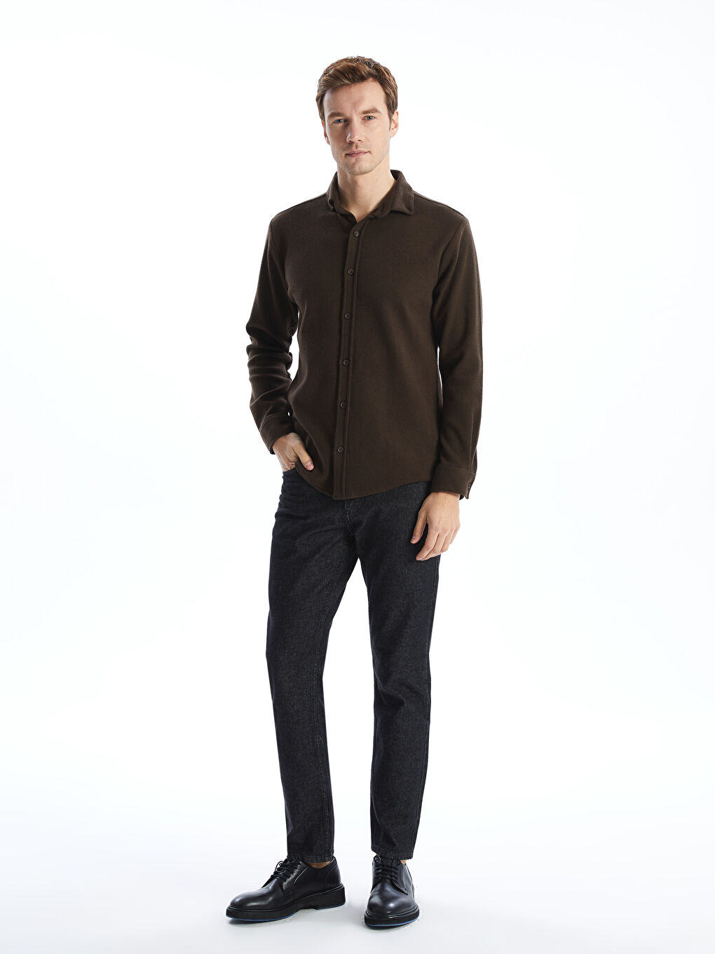 Kahverengi Regular Fit Uzun Kollu Gabardin Erkek Gömlek-1