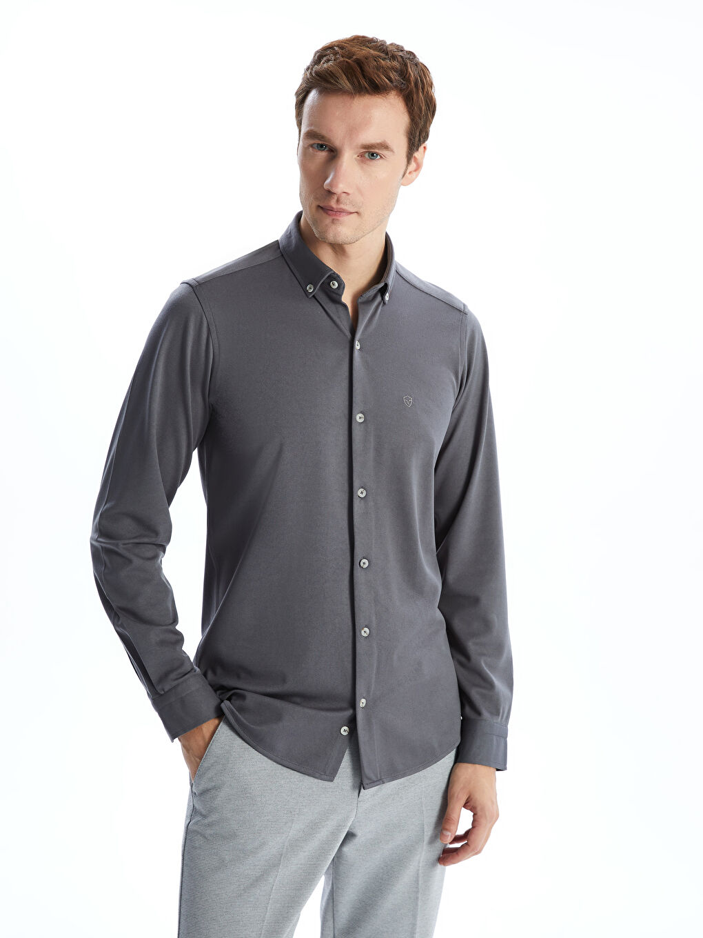 Bej Slim Fit Uzun Kollu Gabardin Erkek Gömlek