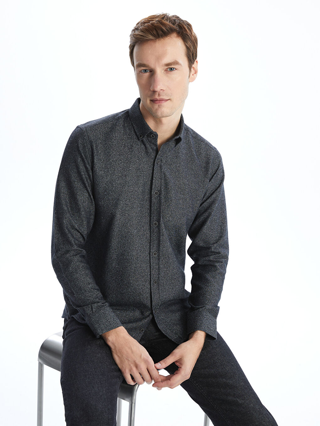 Siyah Slim Fit Uzun Kollu Gabardin Erkek Gömlek