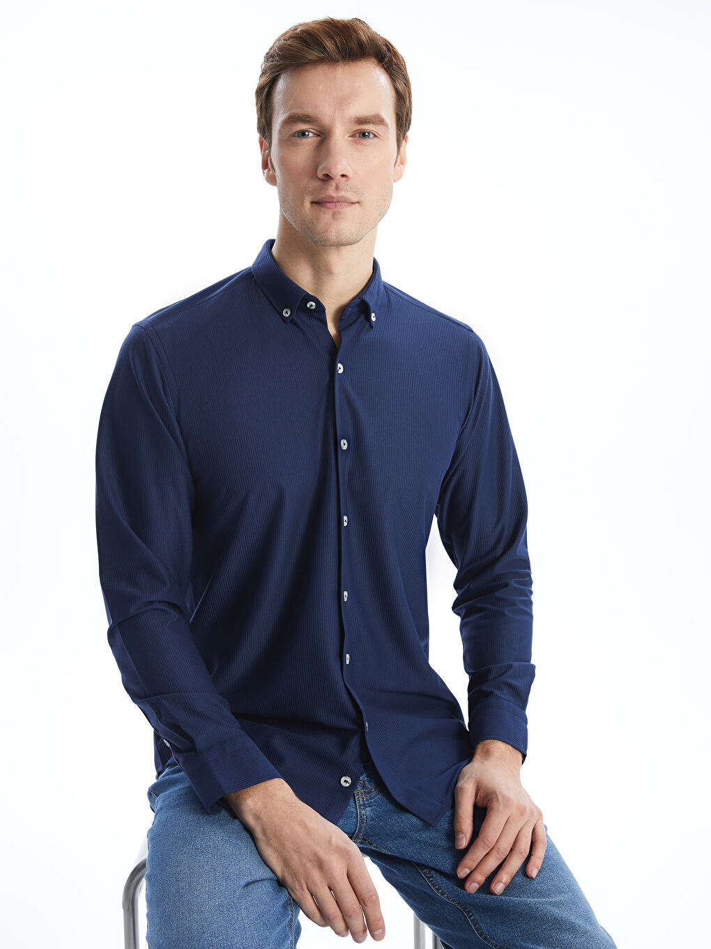 Lacivert Slim Fit Uzun Kollu Kadife Erkek Gömlek