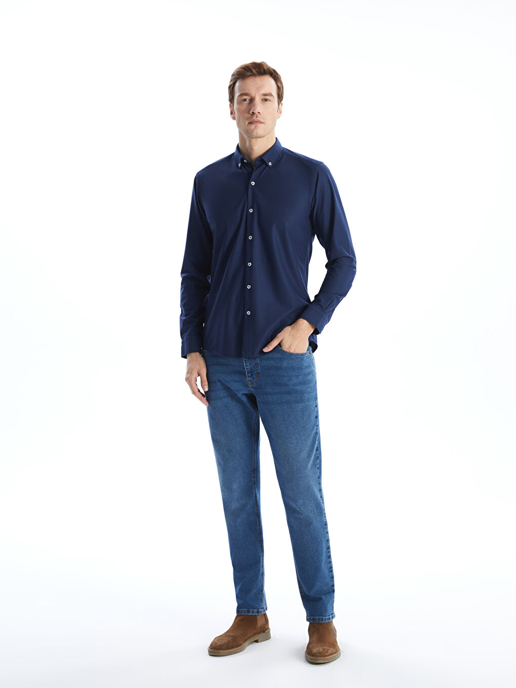 Lacivert Slim Fit Uzun Kollu Kadife Erkek Gömlek-1