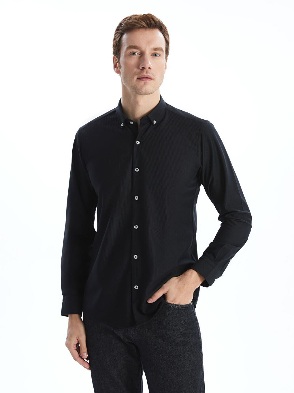 LCWAIKIKI Classic Siyah Slim Fit Uzun Kollu Kadife Erkek Gömlek