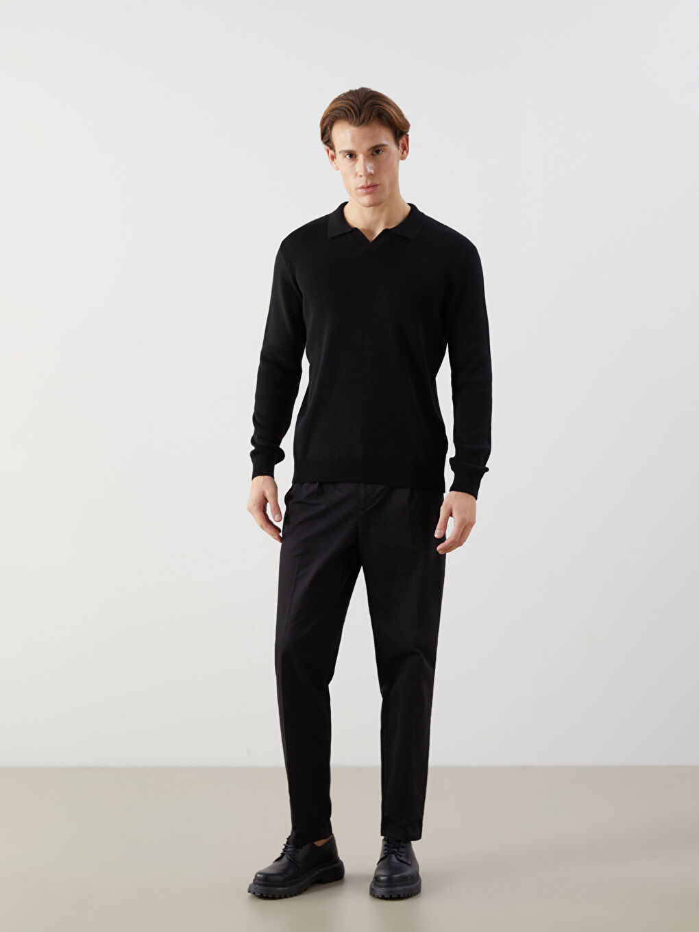 Siyah Polo Yaka Uzun Kollu Erkek Triko Kazak-1