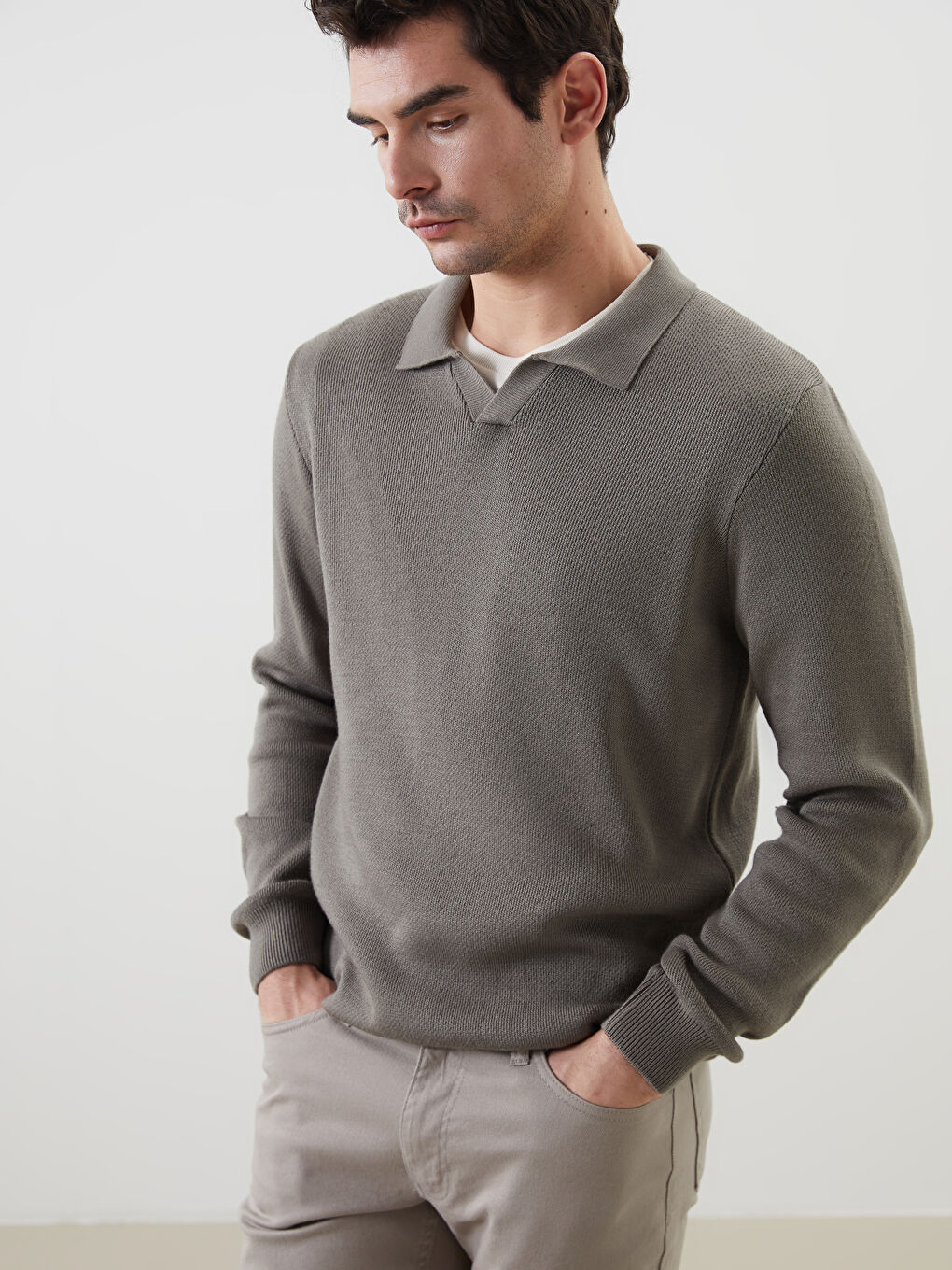 Polo Neck Long Sleeve Men's Tricot Sweater -W4M588Z8-R1D