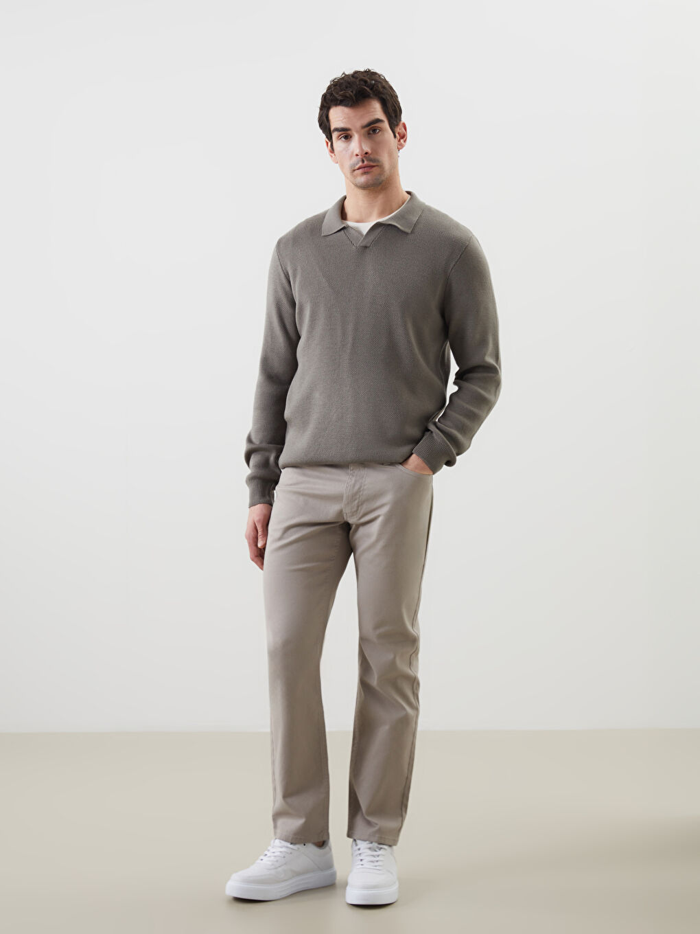 Polo Neck Long Sleeve Men's Tricot Sweater -W4M588Z8-R1D