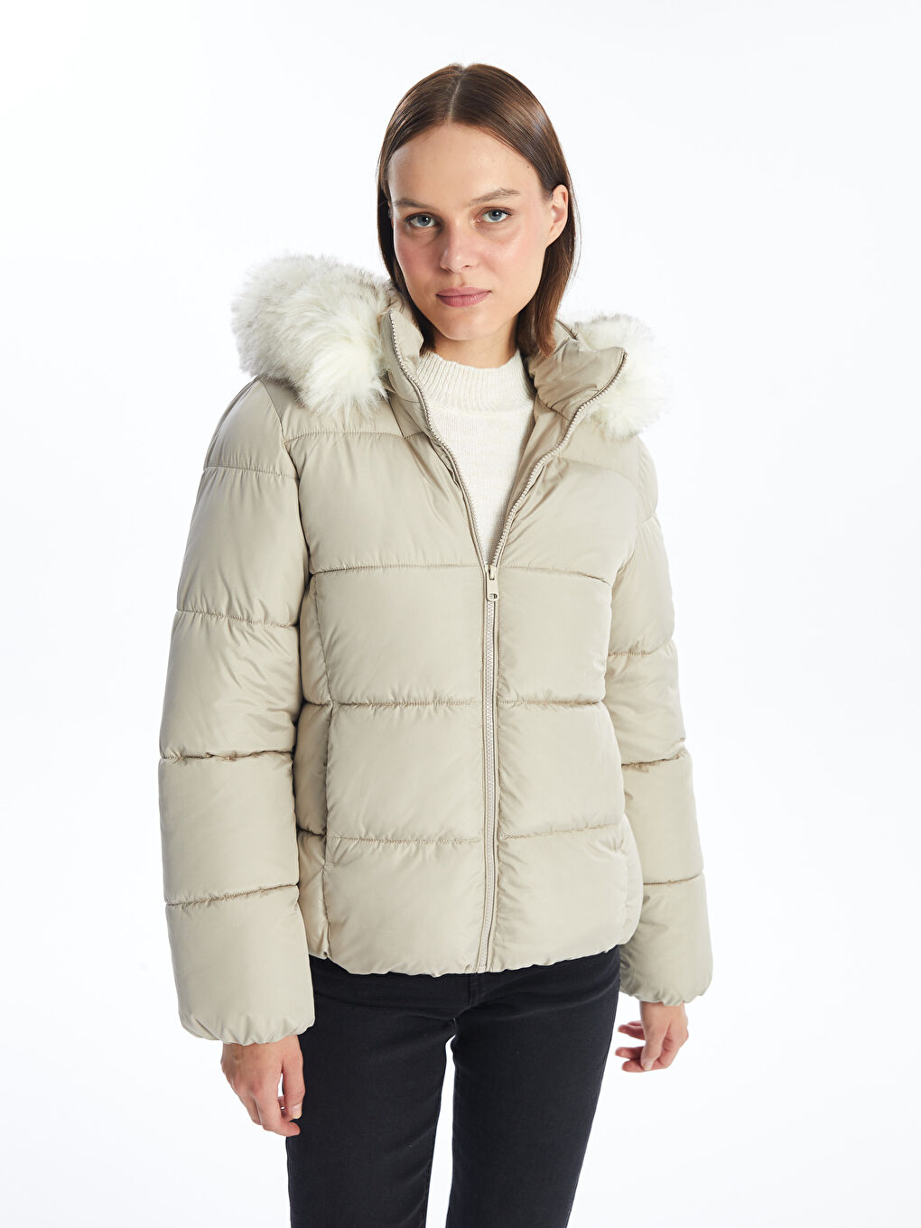 LCW Vision Women's Hooded Plain Puffer Coat -W5BD79Z8-FES