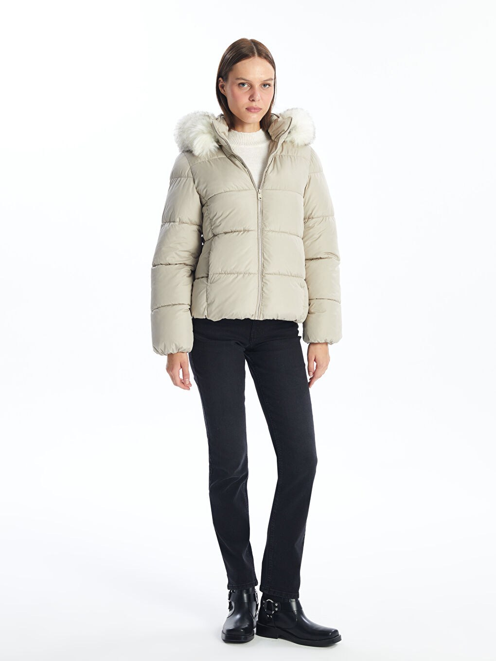 LCW Vision Women's Hooded Plain Puffer Coat -W5BD79Z8-FES