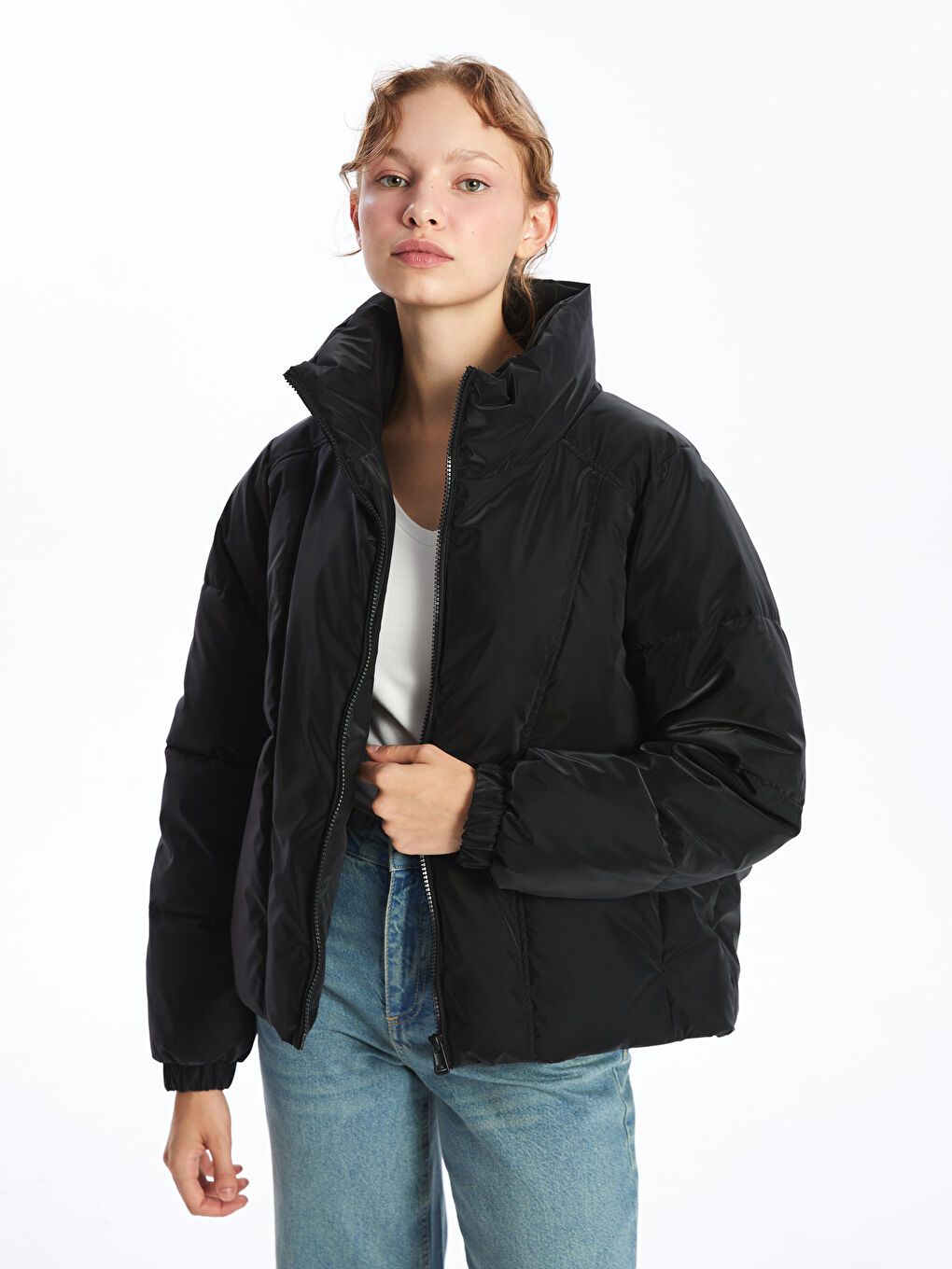 Funnel Neck Oversize Faux Leather Women's Puffer Coat
