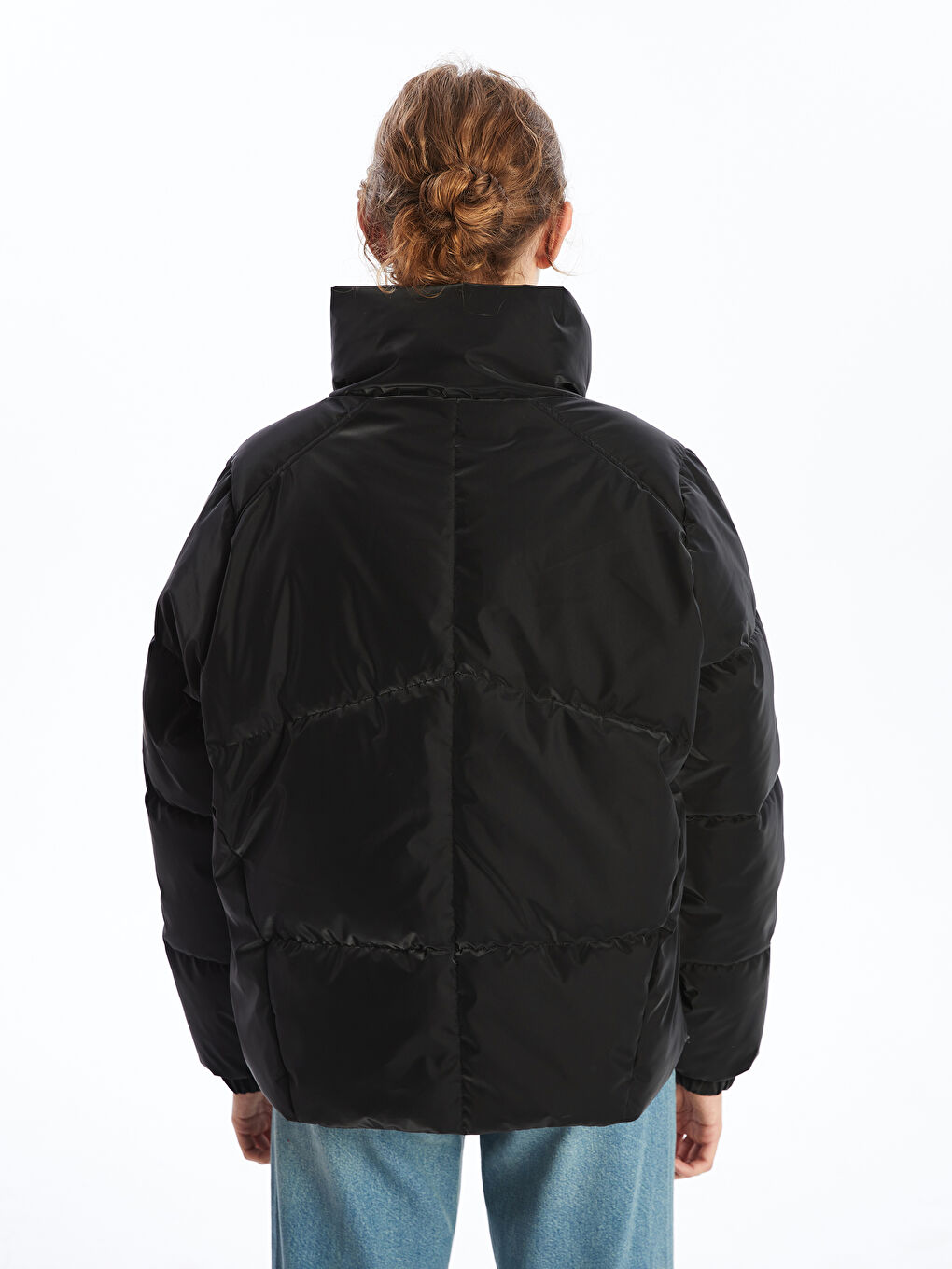 Funnel Neck Oversize Faux Leather Women's Puffer Coat-9
