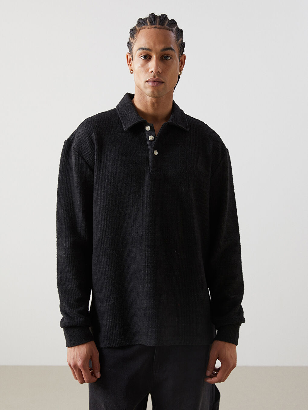 XSIDE Siyah Polo Yaka Uzun Kollu Erkek Sweatshirt