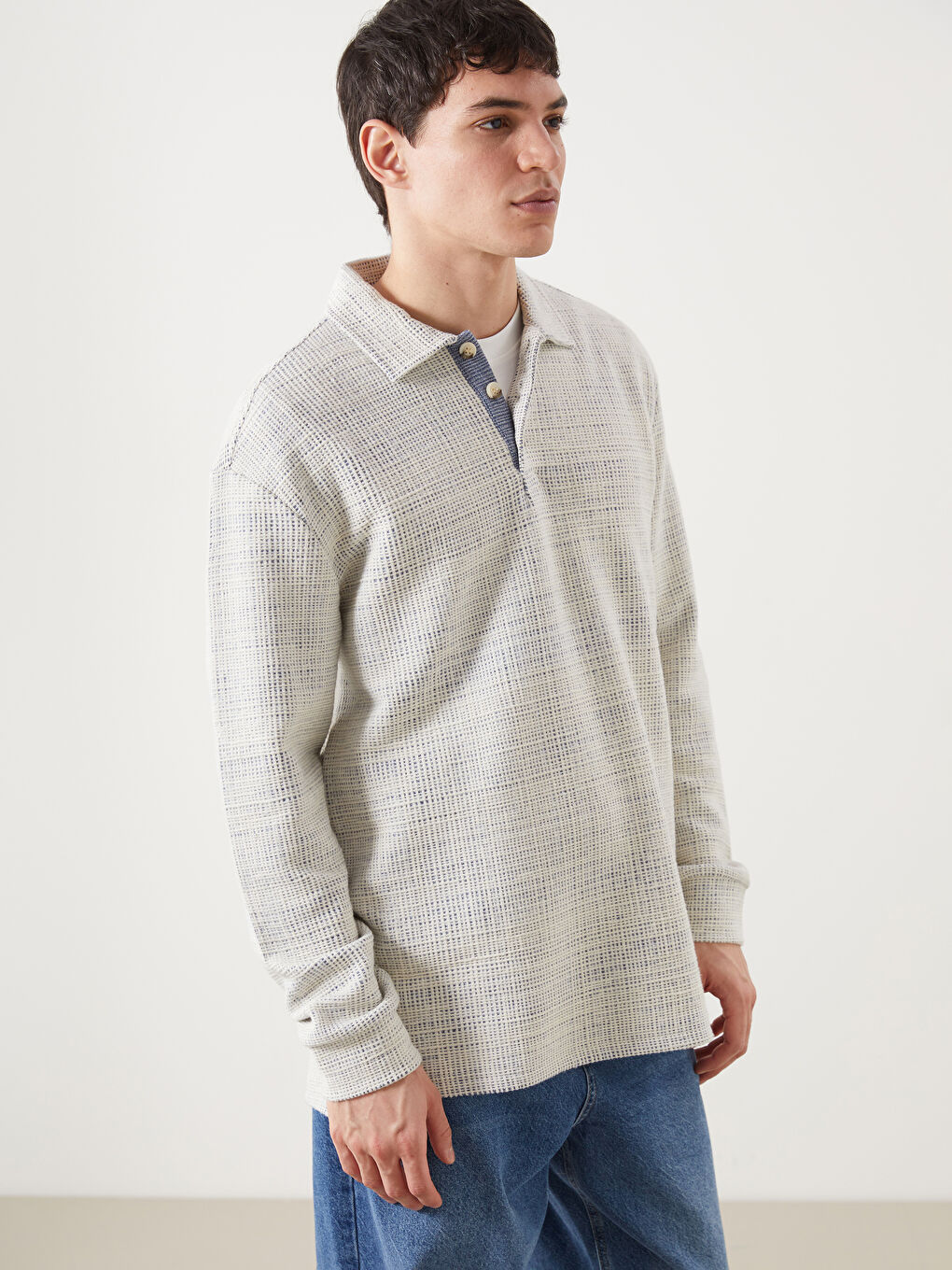 XSIDE Mavi Polo Yaka Uzun Kollu Erkek Sweatshirt