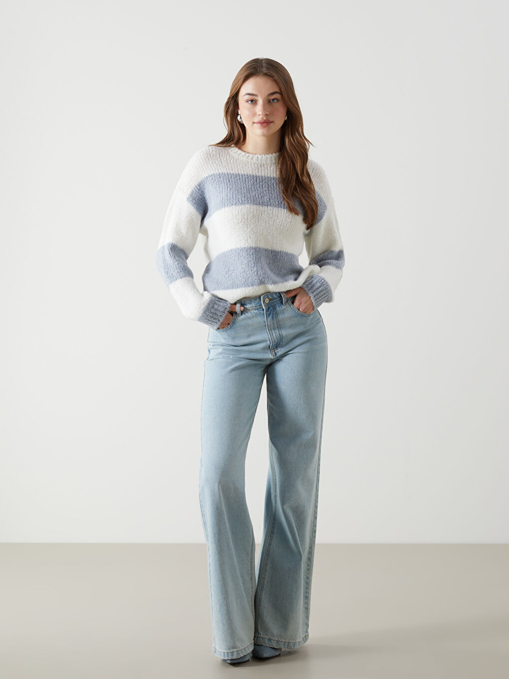 Ekru Bisiklet Yaka Renk Bloklu Kadın Triko Kazak-1