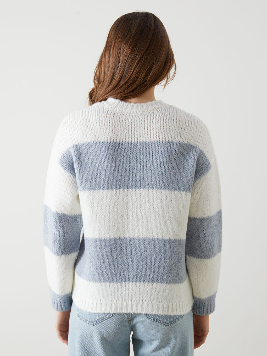 Ekru Bisiklet Yaka Renk Bloklu Kadın Triko Kazak-3