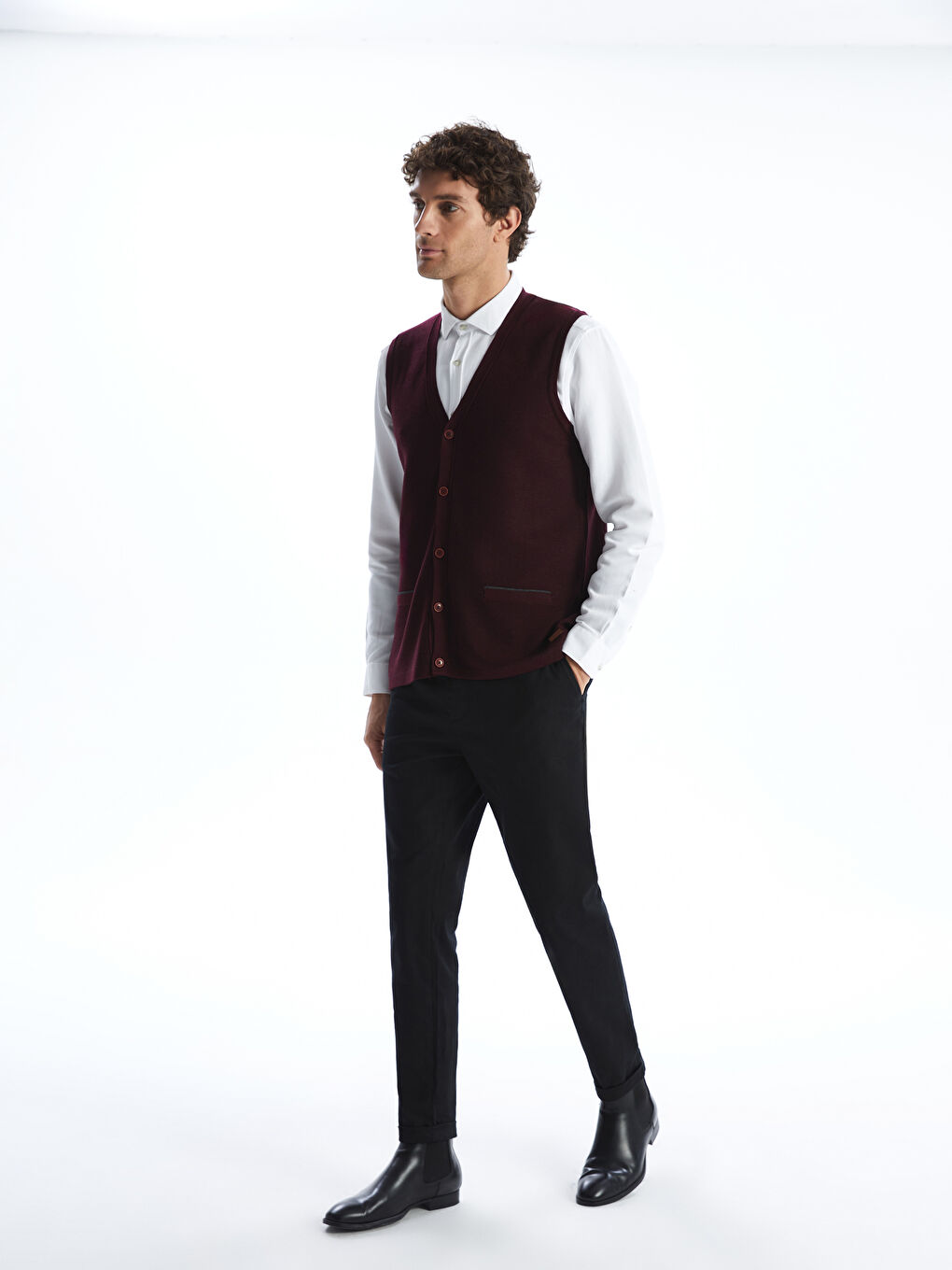 Bordo Standart Kalıp V Yaka Erkek Triko Yelek-1