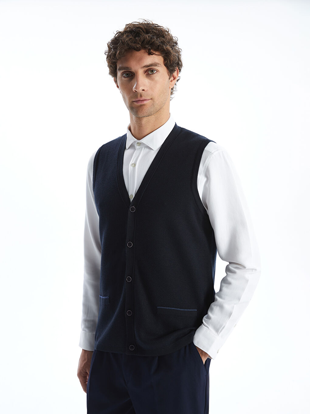 Lacivert Standart Kalıp V Yaka Erkek Triko Yelek