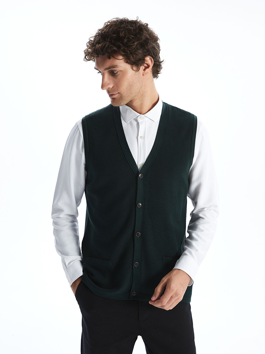 Yeşil Standart Kalıp V Yaka Erkek Triko Yelek