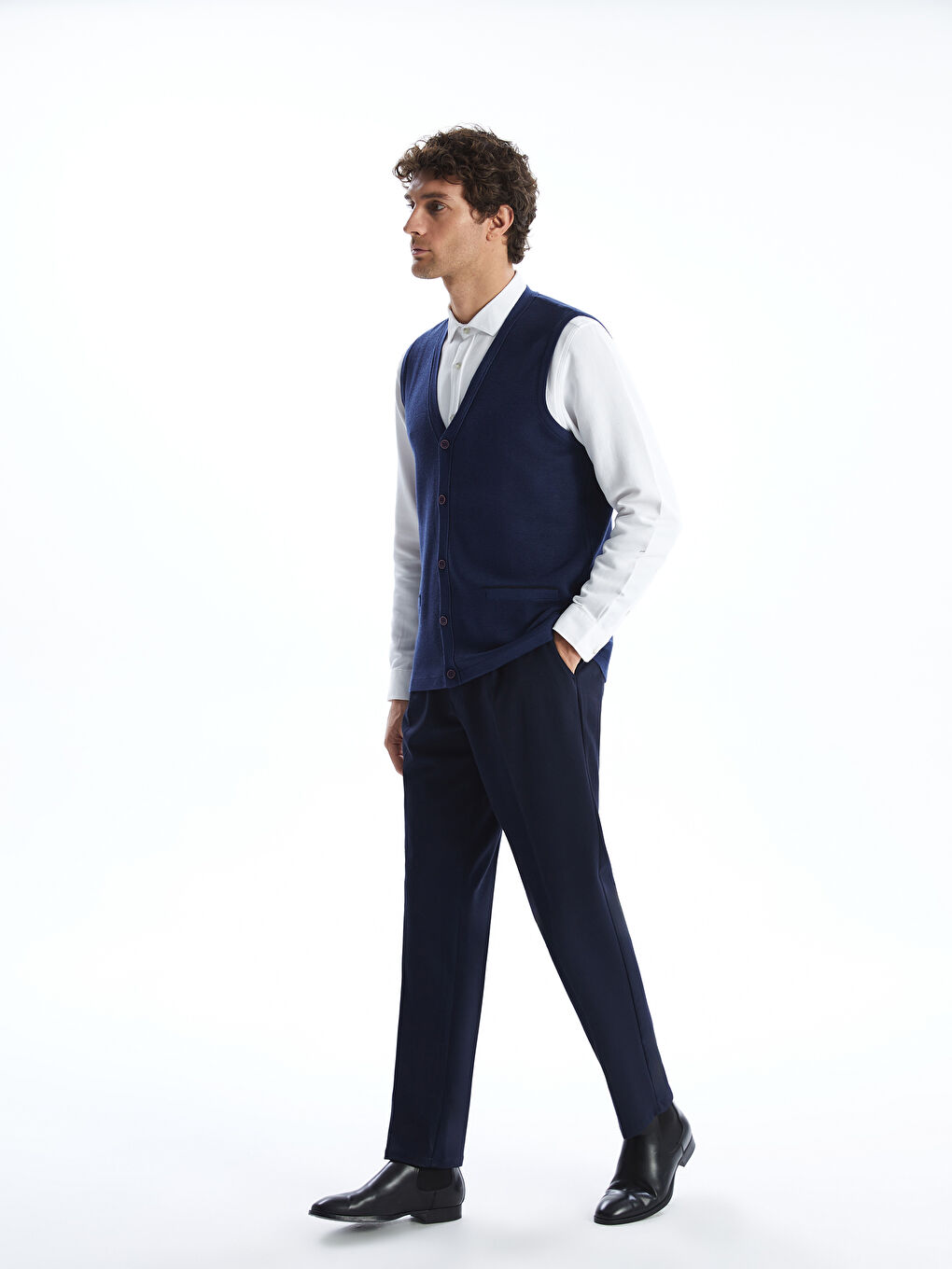 Mavi Standart Kalıp V Yaka Erkek Triko Yelek-1