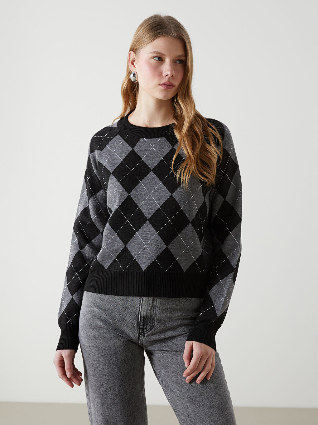 Crew Neck Argyle Pattern Women's Knitwear Sweater -W4M616Z8-CVL