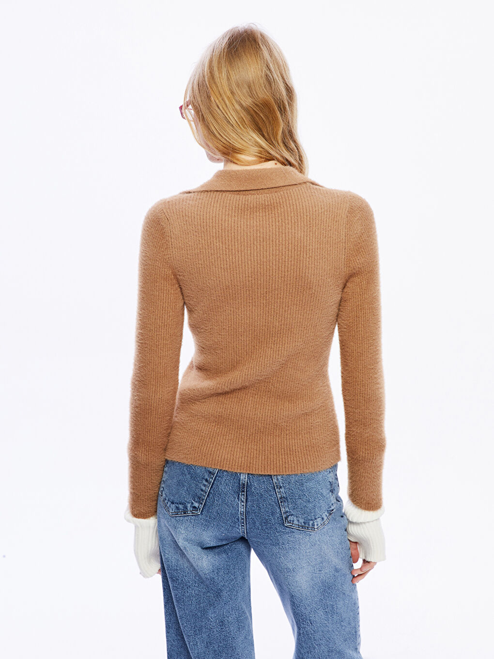Kahverengi Polo Yaka Kadın Triko Hırka-3