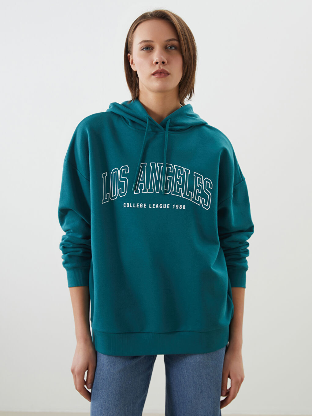 Yeşil Los Angeles Baskılı Oversize Kadın Kalın Hoodie