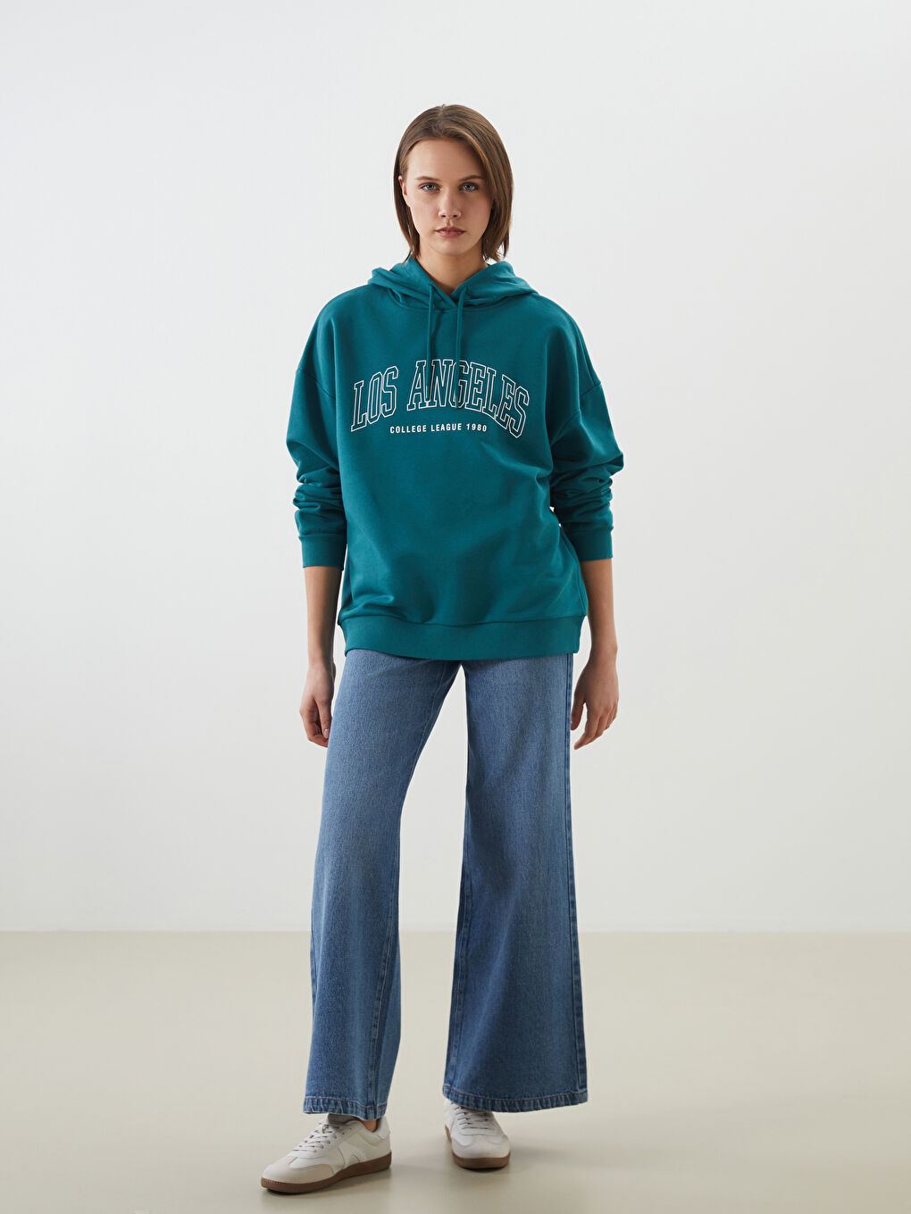 Yeşil Los Angeles Baskılı Oversize Kadın Kalın Hoodie-1