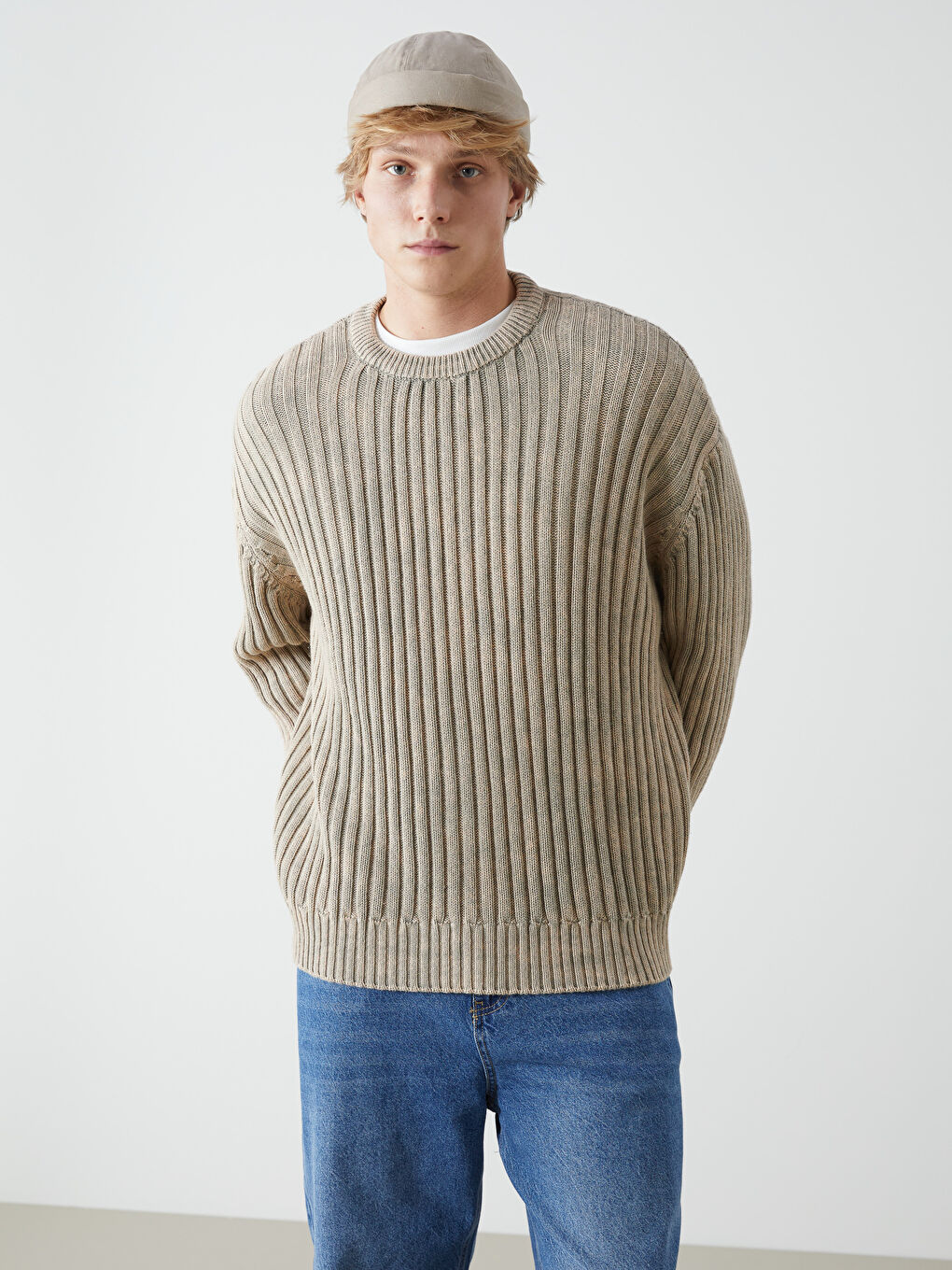 Bej Bisiklet Yaka Erkek Triko Kazak