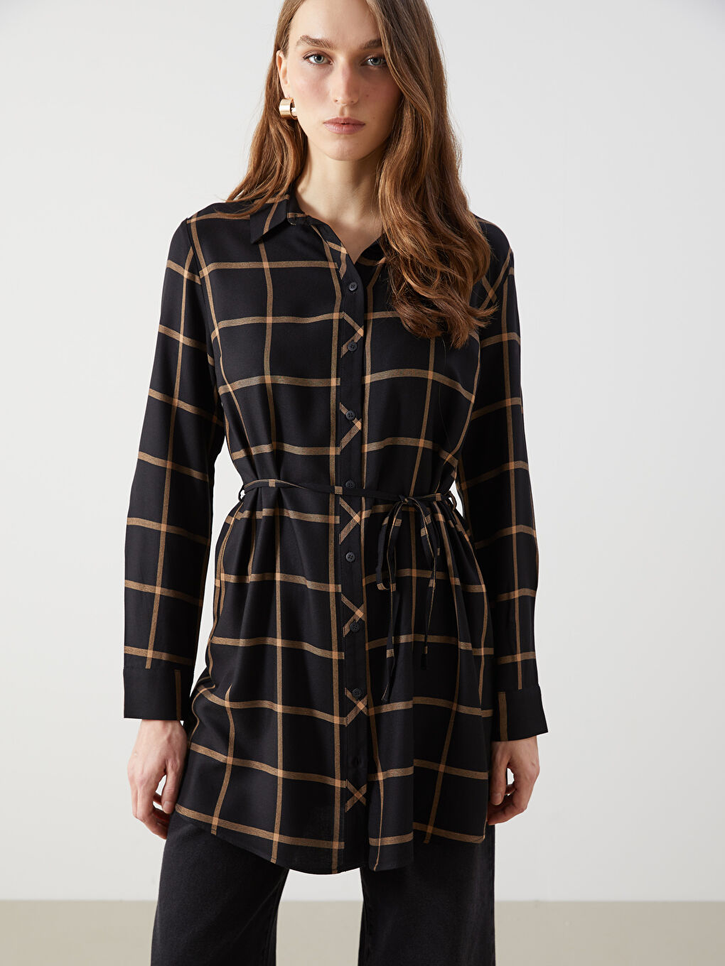 Siyah Ekose Kadın Gömlek Tunik