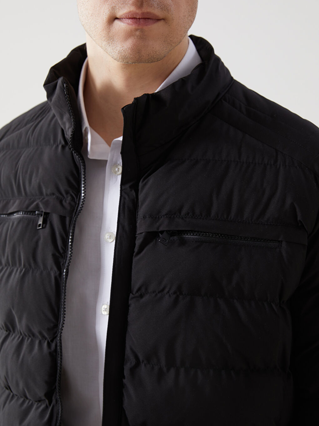 Siyah Standart Kalıp Dik Yaka Erkek Şişme Mont-2