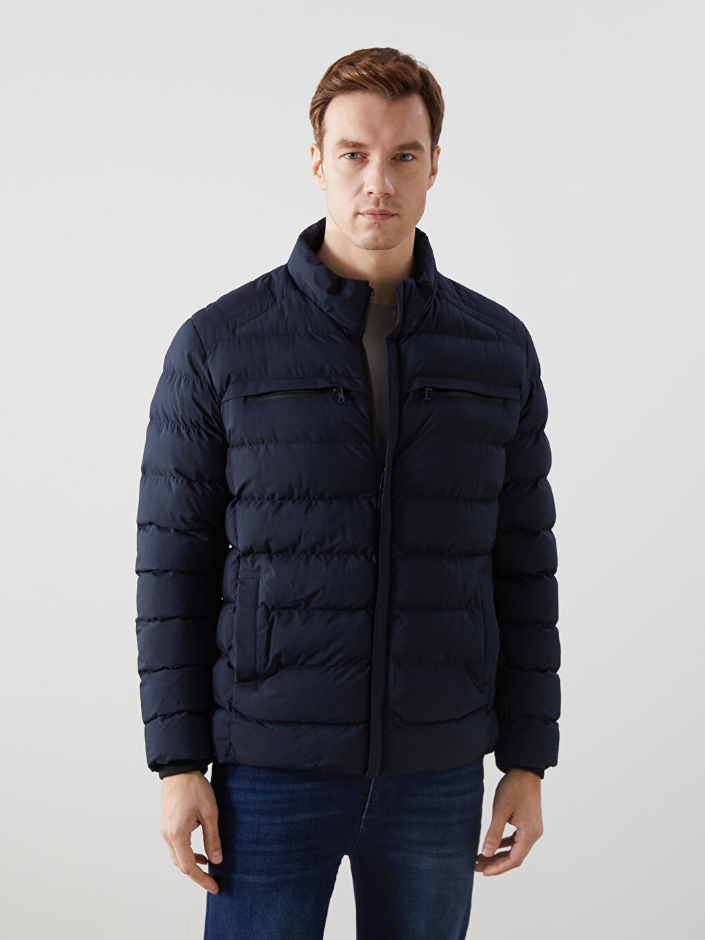 Lacivert Standart Kalıp Dik Yaka Erkek Şişme Mont