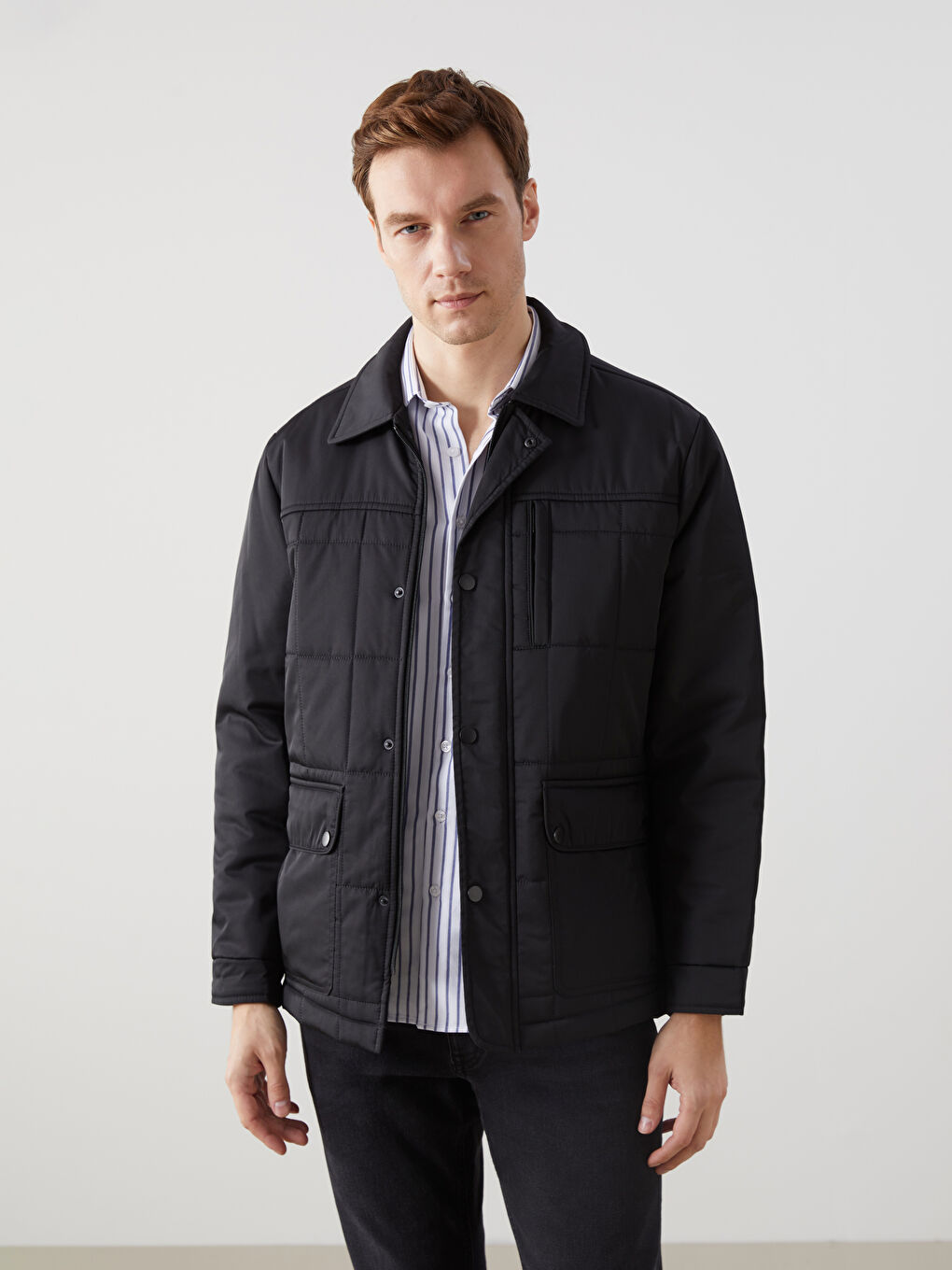 Siyah Standart Kalıp Gömlek Yaka Erkek Mont